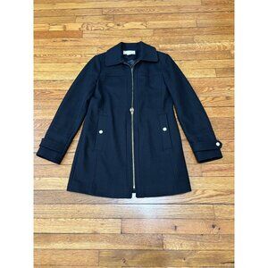 Michael Kors Womens Black Wool Blend Coat Sz 2 Full Gold Zip Dress Peacoat
